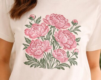 Peony Linocut Shirt, Pressed Flower Women Shirt,Comfort Colors Peony TShirt, Wildflowers Women Tee, Block Print Shirt Flowers