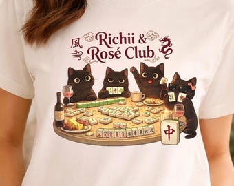Mahjong Shirt, Richii and Rosé Club Funny T-Shirt, Comfort Colors Mahjong Gift for Women, Japanese Mahjong Player Tee, Cute Black Cat Lover