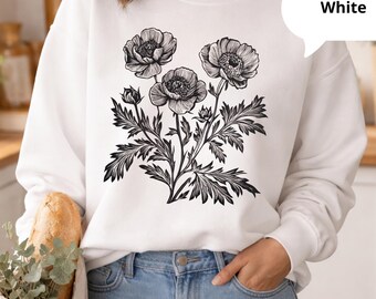 Peony Linocut Sweatshirt, Botanical Floral Sweatshirt,Wildflower Peony Sweater, Vintage Flower Graphic Sweatshirt,Ranunculus Floral Pullover