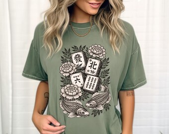 Linocut Mahjong Floral Shirt, Mahjong Koi Fish T-Shirt, Cracks Dots Bam Tee, Handmade Mahjong T-Shirt, Mahjong Player Shirt