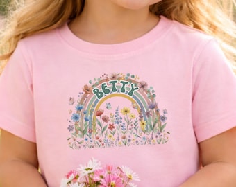 Personalized Wildflower Shirt with Kids Name, Custom Floral Toddler Girl Tee, Boho Rainbow Girls Birthday Shirt,Botanical Flower Kids Tshirt