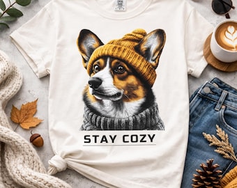 Corgi Beanie Shirt, Stay Cozy Corgi Tee,Comfort Colors Funny Corgi Shirt, Kawaii Corgi Mom Shirt, Corgi Lover T Shirt Gift, Corgi Owner Tee