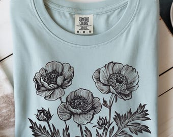 Peony Linocut Shirt , Comfort Colors Floral Tee,  Botanical Women's T-Shirt, Wildflower Tee , Floral T-shirt , Peonies and Ranunculus Tee