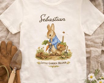 Personalized Storybook Rabbit Shirt, Custom Easter Bunny Design Tee, Little Garden Helper Tshirt, Kids Easter Gift, Custom Name Shirt
