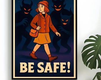 BE SAFE Poster – Retro Vintage Illustration, Creepy Shadow Creatures, Cartoon Art Print Home Wall Art