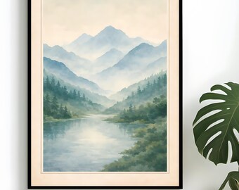 Blue Mountain Watercolor Print - Nature Landscape Wall Art Poster for Modern Home - digital download