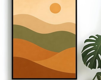 May include: Abstract landscape art print featuring rolling hills in shades of orange, green, and brown, with a yellow sun in a light orange sky. The artwork is framed in a black border.