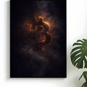 Könnte beinhalten: Gerahmtes Kunstwerk mit dem Bitcoin-Symbol, das in einem orangefarbenen Glühen vor einem dunklen, rauchigen Hintergrund erscheint. Das Bitcoin-Symbol ist der Fokus. Das Kunstwerk hängt an einer weißen Wand, mit einer grünen Pflanze.