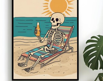 SUNNY SKELETON Poster – Vintage Illustration, Skeleton on the Beach Poster Home Wall Art