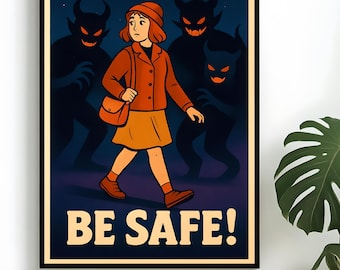 BE SAFE Poster – Retro Vintage Illustration, Creepy Shadow Creatures, Cartoon Art Print