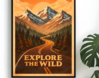Retro 70s Travel Poster Print - Vintage Mountain Landscape Wall Art for Adventure Decor - digital download