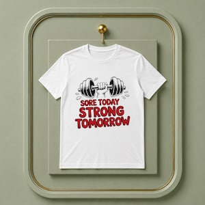 Puede incluir: Camiseta blanca con un gráfico de una mano sosteniendo una barra con pesas. El texto "SORE TODAY STRONG TOMORROW" está en rojo y negro. El diseño está centrado en la parte delantera.