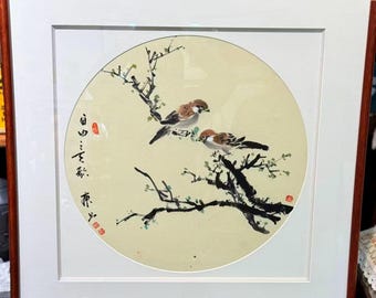 Tableau Rond Aquarelle Chinoise - Moineaux sur Branche, Art Traditionnel Encadré, Cadeau de Mariage/Harmonie