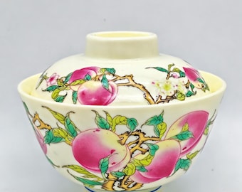 Gaiwan Bowl – Nine Peaches, Famille Rose Porcelain, Chinese Longevity Symbol