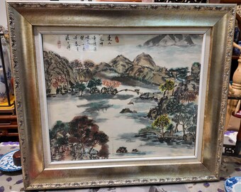 Traditional Chinese Ink Painting – Serene Lake Landscape, Vintage Framed Art