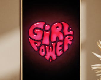 Girl Power – Neon Glow Lettering | Digital Download Wall Art | Modern Printable Poster | Empowerment Decor