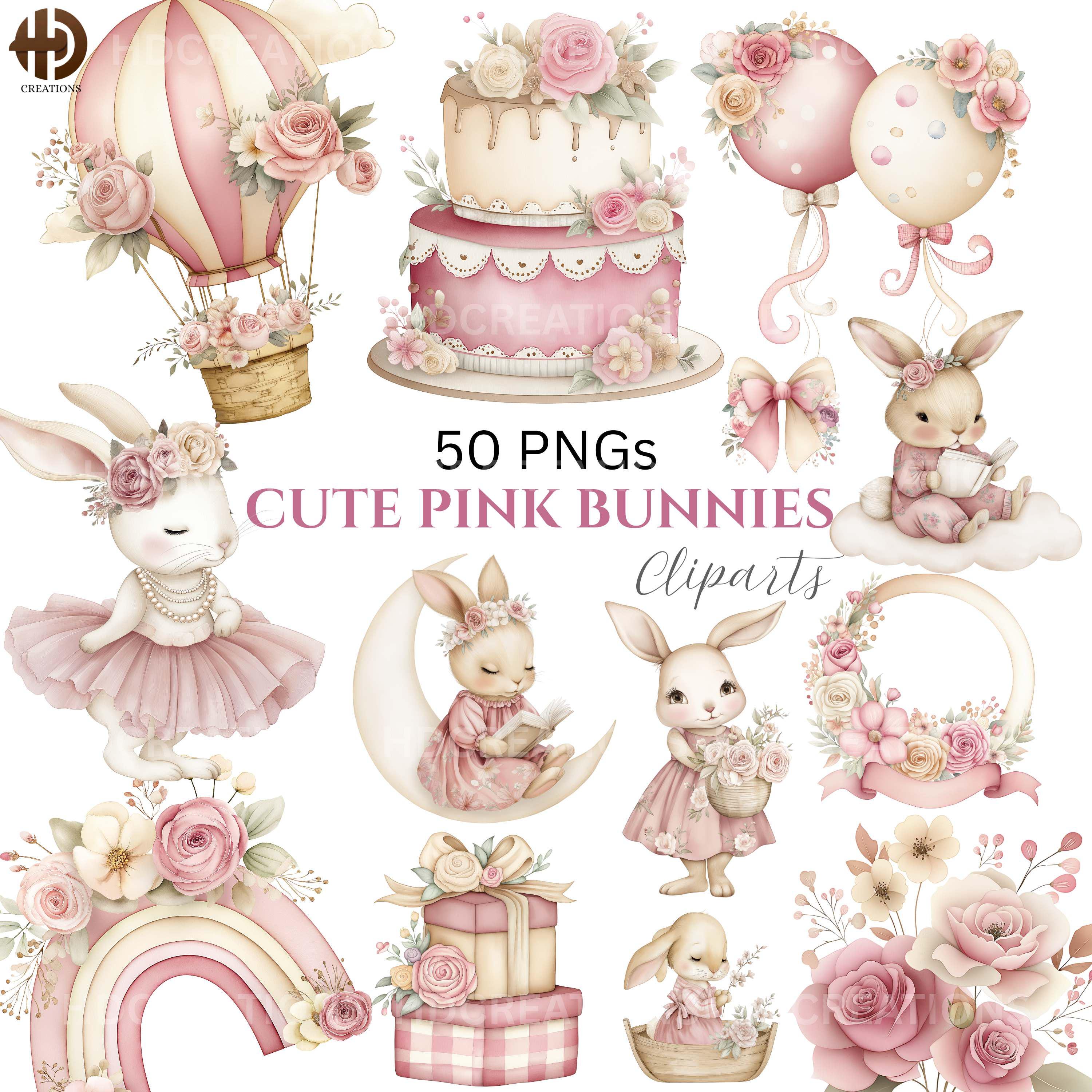 Cute Pink Bunny PNG Clipart Bundle, Boho Ballerina Bunny, Floral Rabbit ...