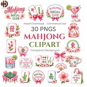 Könnte beinhalten: Eine Sammlung von 30 digitalen Clipart-Illustrationen mit Mahjong-Steinen, rosa Kirschblüten, Schleifen, Cocktails, Teetassen und Fächern. Der Text umfasst Mahjong Social Club, Tiles and Friends Are My Fortune, Mahjong Squad und Just One More Game.