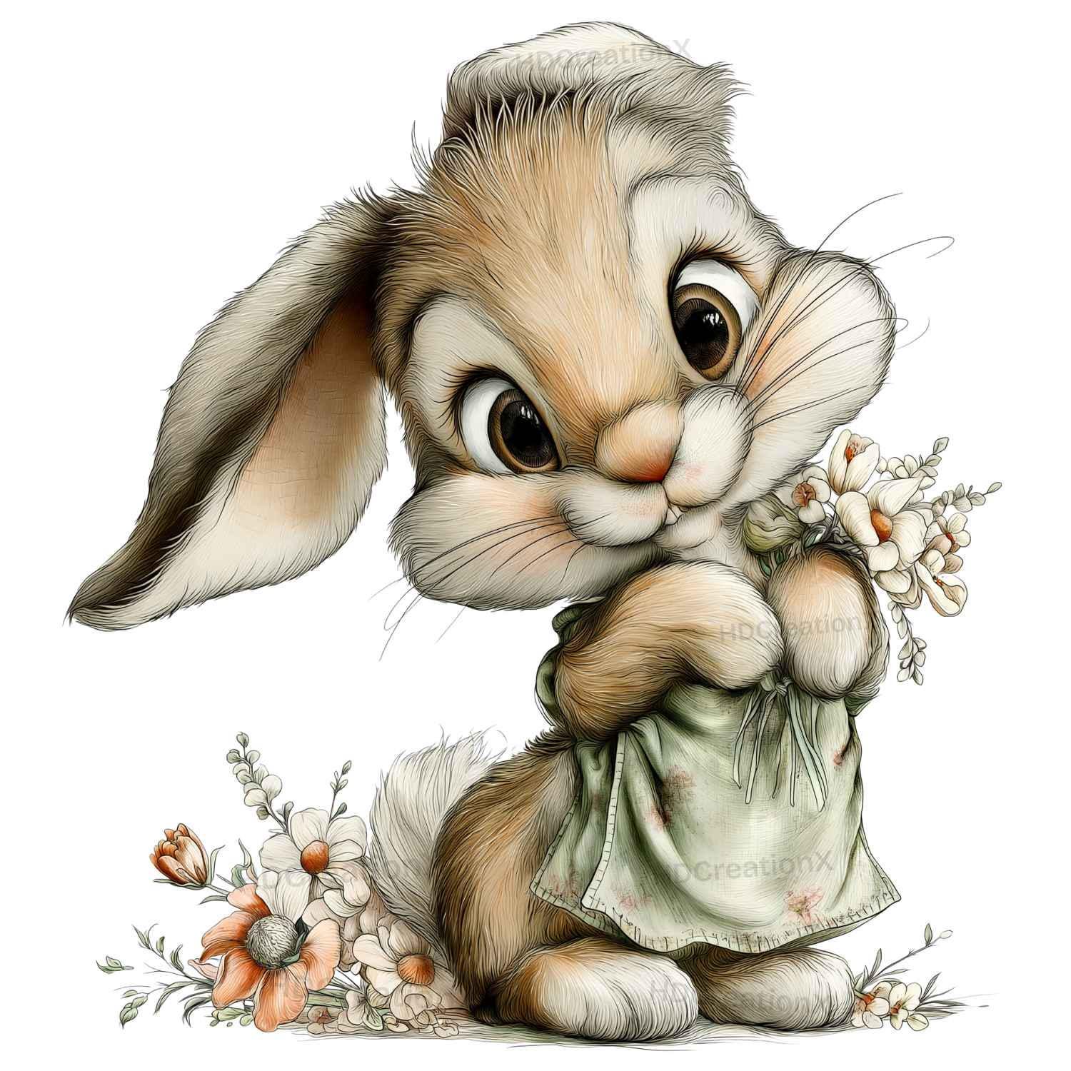 15 Png-floral Bunny Clipart Bundle, Cute Rabbit With Flowers, Nursery ...