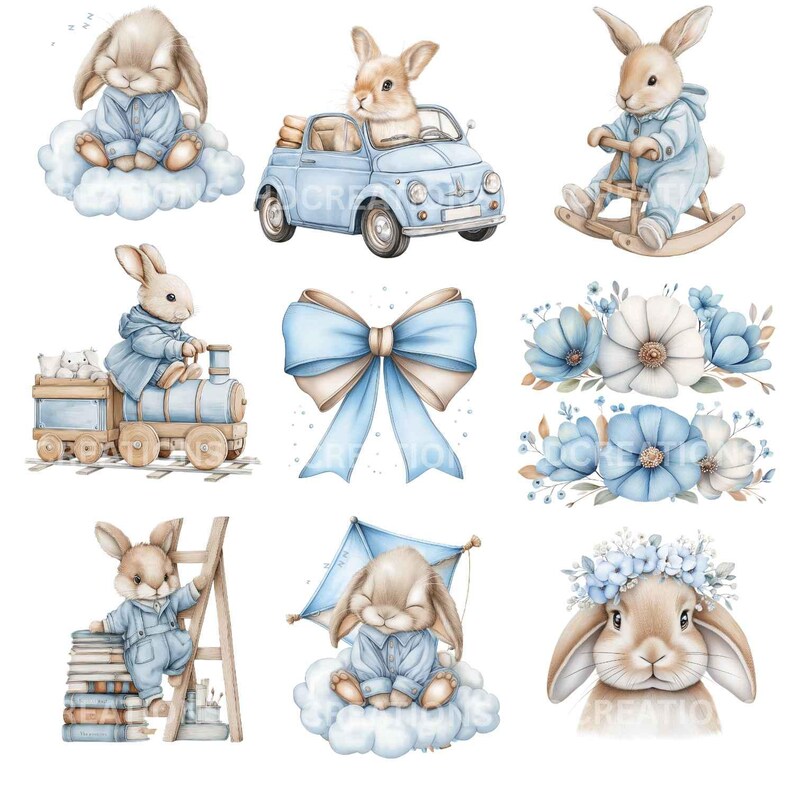 Blue Bunny Clipart Bundle, Baby Boy Nursery Watercolor Rabbits PNG ...