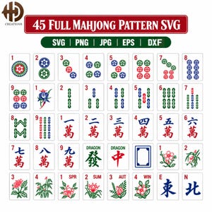 May include: A digital collection of 45 Mahjong tile patterns in SVG, PNG, JPG, EPS, and DXF formats. The image displays a grid of white tiles featuring various red, green, and blue symbols, numbers, and floral illustrations, labelled with text.