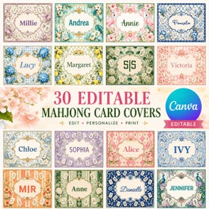 May include: A collection of 30 editable mahjong card covers featuring diverse floral, geometric, and patterned backgrounds with central name labels. The text reads 30 EDITABLE MAHJONG CARD COVERS, EDIT, PERSONALIZE, PRINT, and Canva.