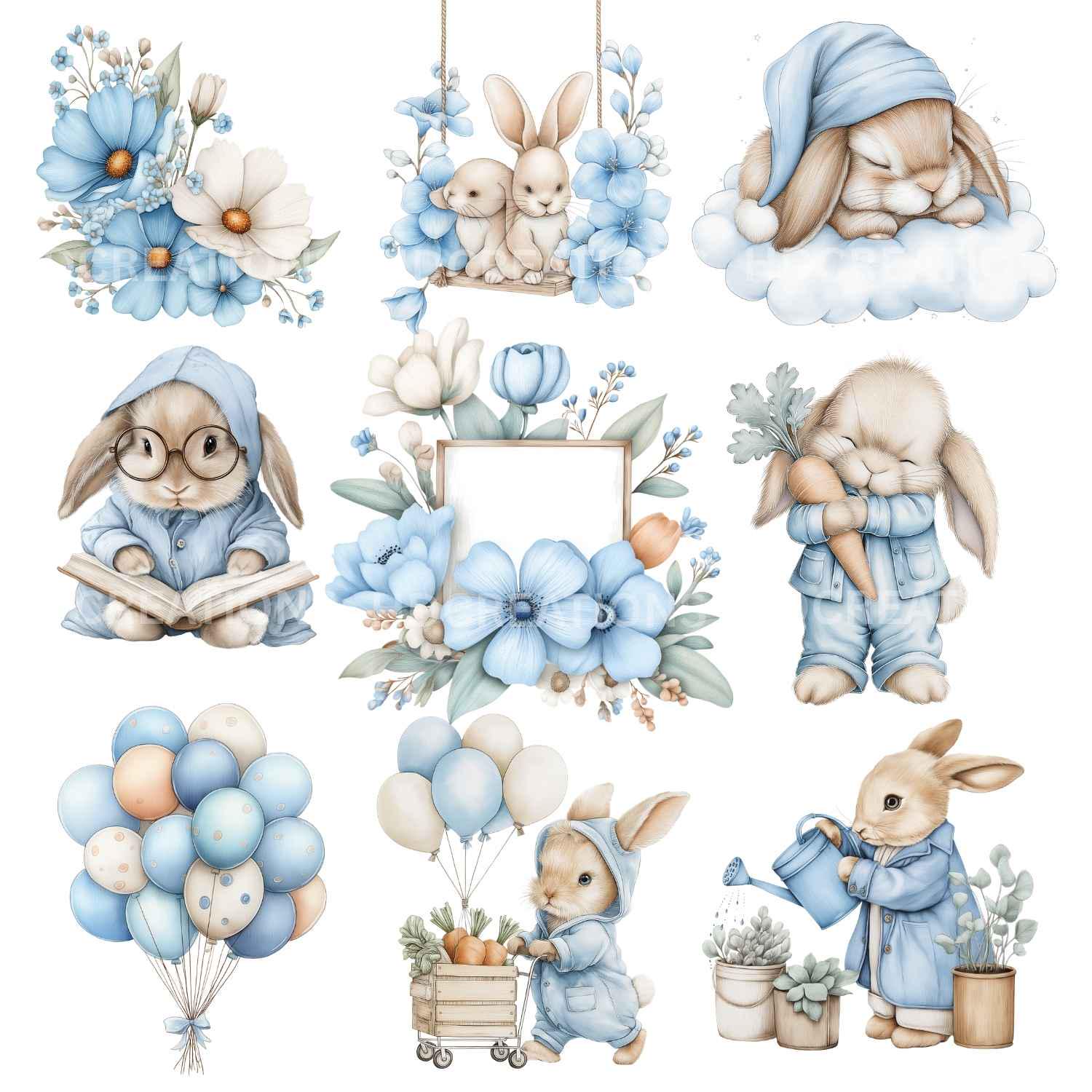 Blue Bunny Clipart Bundle, Baby Boy Nursery Watercolor Rabbits PNG ...