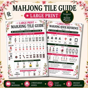 Könnte beinhalten: Ein zweiseitiger Mahjong-Fliesenführer und eine Kurzübersicht auf weißem Papier mit Blumenrändern. Der Leitfaden enthält große schwarze Schrift, rote Überschriften und Abbildungen von Mahjong-Steinen, einschließlich Bambus, Zeichen, Punkten, Winden und Drachen.