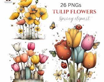 Spring Tulip Clipart Bundle – Watercolor Floral Graphics | Whimsical Flower Illustrations | Transparent Background | Digital Download 26 PNG