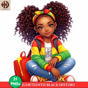 May include: Illustration of a young girl with curly brown hair, wearing a colorful jacket, blue jeans, and red sneakers. She has a red backpack and a headband with a bow. The image includes the text "Juneteenth Black History".