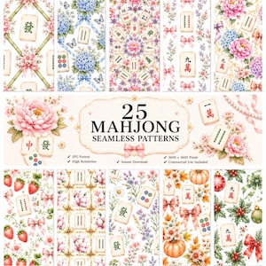 Nahtloses Mahjong-Musterpaket, digitales Mahjong-Musterpapier, chinesisches Fliesenmuster, rosa Coquette-Druck, Scrapbookpapier