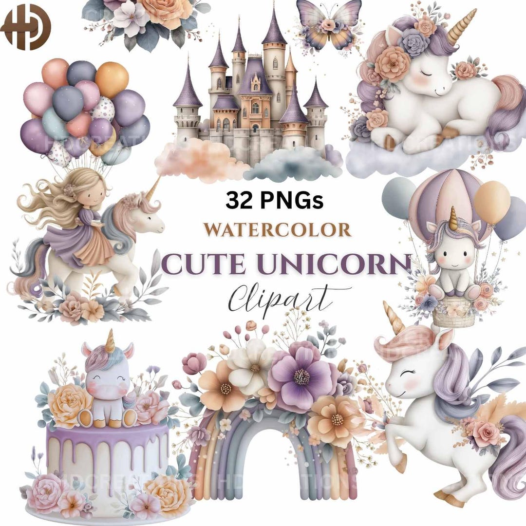 Unicorn Clipart PNG Bundle, Watercolor Baby Unicorn, Unicorn Baby ...