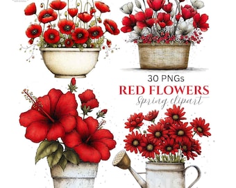 Whimsical Red Flower Clipart Bundle –  Spring Floral Graphics | Watercolor Illustration | Transparent Background (Digital Download 30 PNGs)