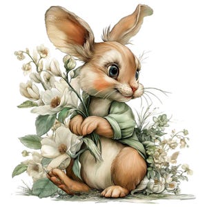 Pode incluir: Ilustração de um coelho com pelo castanho e bege, grandes olhos azuis e um casaco verde, segurando flores brancas. As flores são rodeadas por folhas verdes e outras pequenas flores brancas. O fundo é branco.