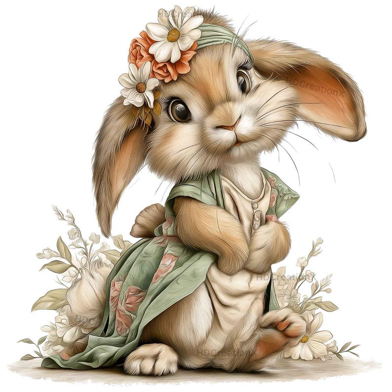 15 Png-floral Bunny Clipart Bundle, Cute Rabbit With Flowers, Nursery ...