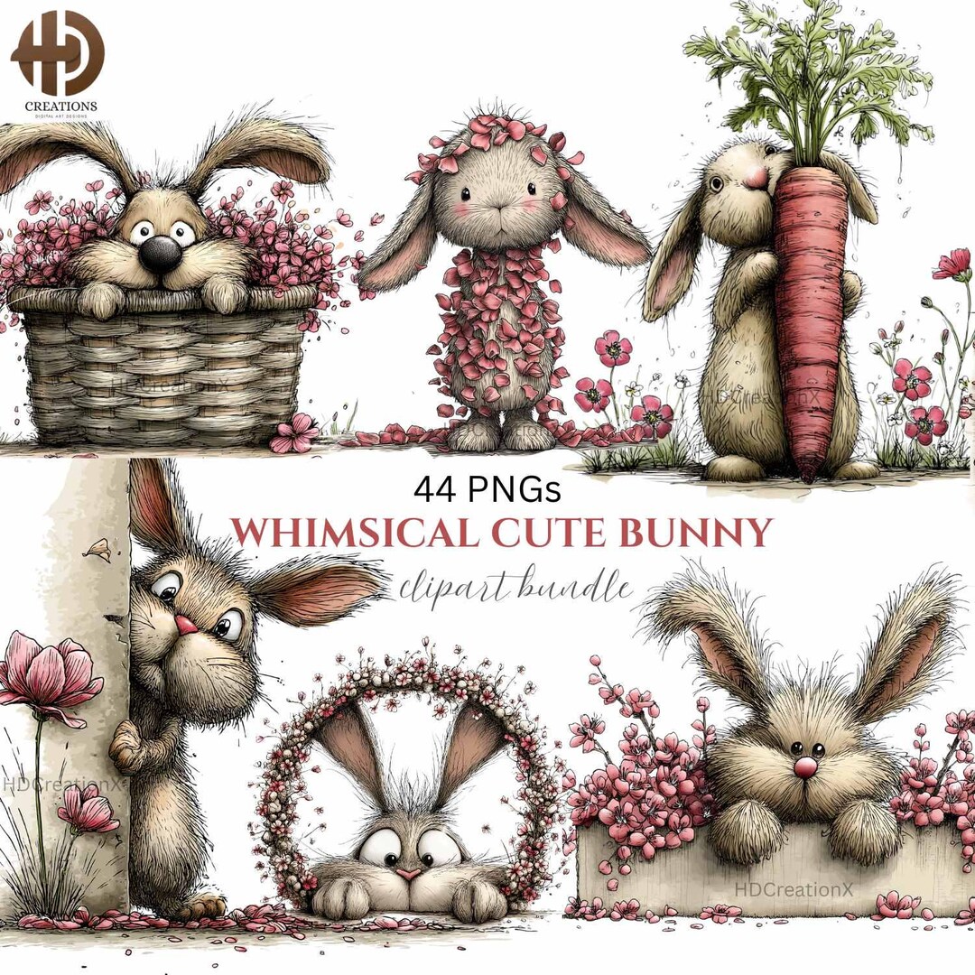 44 PNG Whimsical Cute Bunny Clipart Bundle | Peeking Easter Rabbit ...
