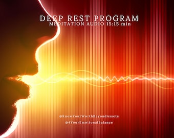 May include: An abstract digital art piece with a gradient of red, orange, and yellow hues. The image features a silhouette of a person's profile, with text that reads "DEEP REST PROGRAM MEDITATION AUDIO 15:15 min". A wavy line emanates from the profile.