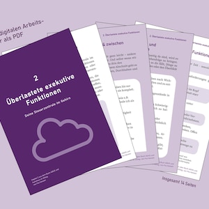 May include: A stack of printed worksheets with German text, including the title "Überlastete exekutive Funktionen" in white on a purple cover. The text "Deine Steuerzentrale im Gehirn" is also visible. The background is a light purple.