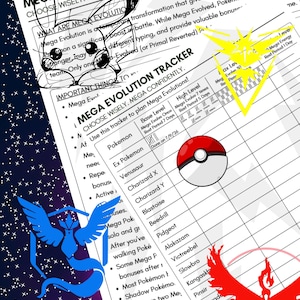 May include: A white Mega Evolution Tracker document featuring a list of Pokemon, a red and white Poke Ball graphic, and stylized illustrations of Pikachu, Zapdos, Articuno, and Moltres. The text includes Mega Evolution Tracker and Choose Wisely.