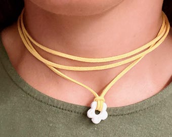 Porcelain flower necklace with colored cord, handmade ceramic pendant, artisan jewelry, gift for women