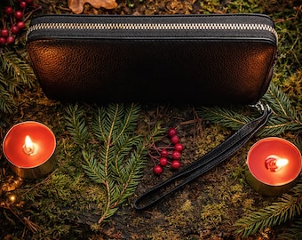 Christmas Gift, Personalised Men's Wallet, Ladies Slim Large Zip Wallet, Genuine Leather Women Purse with Wrist Strap, Black Leather Wallet,