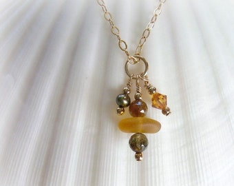 Tourmaline and Seaglass Necklace Jewelry,  Amber and Olive Tourmaline,  Golden Yellow Sea Glass,  FW Pearl,  Swarovski Crystal,  Gold Filled