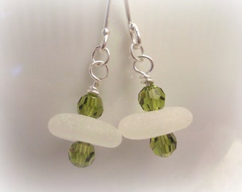 Seaglass Earring Jewelry with Khaki Green Swarovski Crystals - Genuine Sea Glass Jewelry