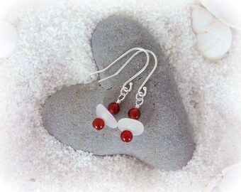 Seaglass Earring Jewelry with Carnelian Beads - Genuine Hawaiian Sea Glass Jewelry Earrings