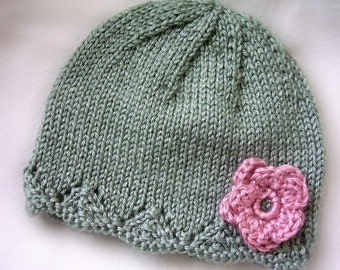 Baby Beanie Hat - Hand Knit Infant Hat - Lacey Soft Green Baby Hat with Pink Flower - 100% Soft Acrylic - Photo Prop - 3 to 9 Months