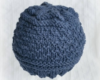 Baby Beanie Hat - Indigo Blue Baby Hat - Guernsey Style Unisex Baby Hat - Hand Knit Baby Hat - 3 to 9 Months - 100% Soft Cotton