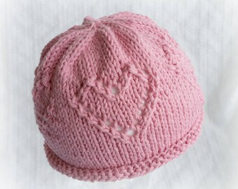 Baby Beanie with Lacy Hearts - Rose Pink Baby Hat - Rolled Brim - 100 Percent Soft Cotton - 6 to 9 Months