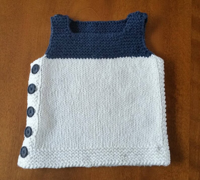 Hand Knit Baby Vest in Indigo and Ecru Easy On, Button Up Baby Vest Soft Cotton image 2