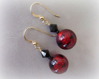 Glass Jewelry Earrings - Red and Black Venetian Glass with Swarovski Crystals - Dangle Earrings - Gold Filled