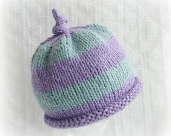 Baby Beanie Hat - Striped Baby Hat in Soft Purple and Teal - Hand Knit - Unisex - Rolled Brim and Topknot - Soft Washable Cotton